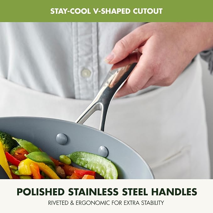 GreenPan Valencia Pro Tri-Ply Stainless Steel 12” Wok with Lid, Healthy Ceramic Nonstick PFAS-Free PFOA- Free Coating, Multi Clad Cookware, Induction, Dishwasher Safe, Oven and Broiler Safe