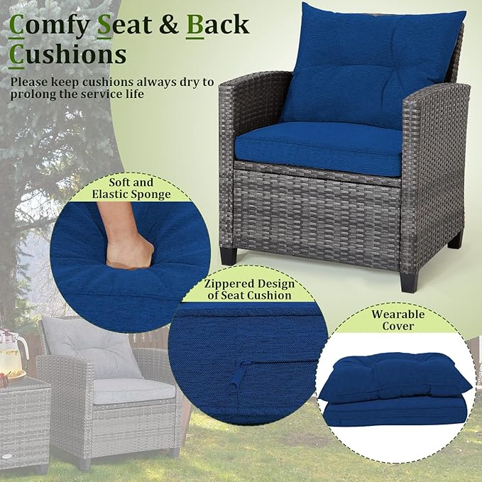 RELAX4LIFE Wicker Patio Furniture Sets - 3 Pieces Patio Rattan Sofa Set, Outdoor Conversation Set with Tempered Glass Tabletop, Heavy-Duty Steel Frame, Wicker Chair Set for Poolside, Backyard, Navy