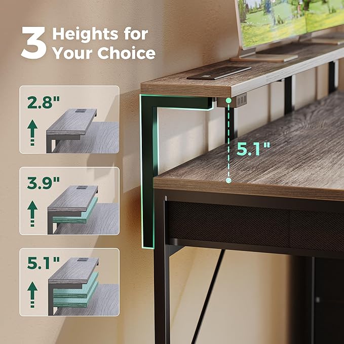 Huuger Gaming Desk with 6 Drawers, Computer Desk with LED Lights Power Outlets and Type-C, 47 Inch Office Desk with Storage, Monitor Stand, Writing Desk Work Desk for Home Office, Bedroom, Study, Grey