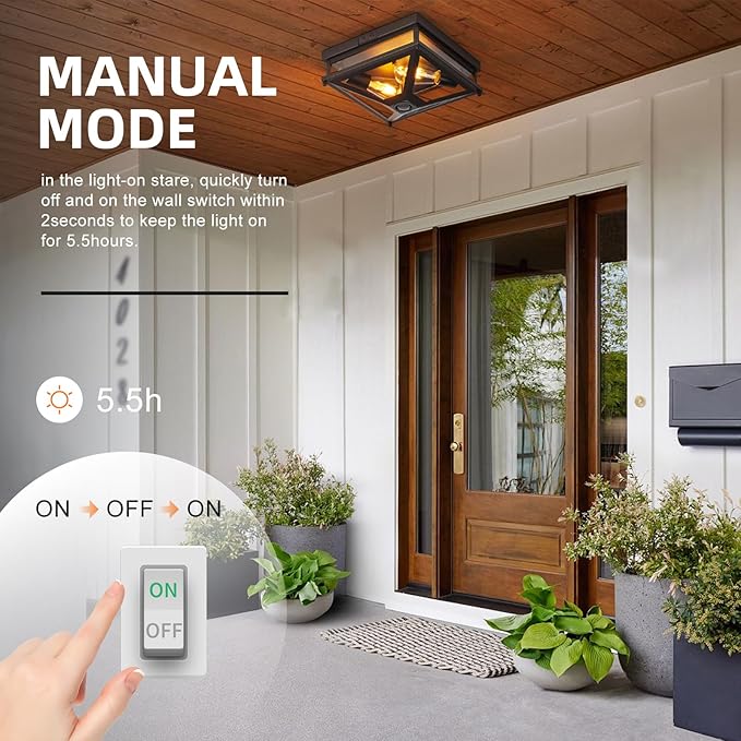 Motion Sensor Outdoor Flush Mount Ceiling Light, Modern Farmhouse Ceiling Lights with Clear Glass, Matte Black Industrial Iron Light Fixtures for Entryway Garage Hallway Patio Porch