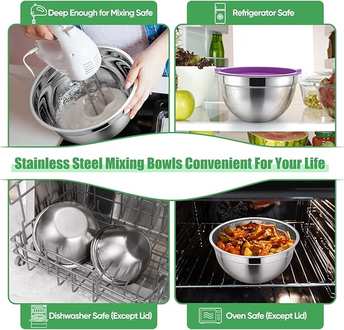 P&P CHEF Mixing Bowl with Airtight Lid Set of 5, 10-Piece Stainless Steel Nesting Salad Bowl Set for Prepping, Mixing and Serving, Size 4.6, 3, 1.5, 1, 0.7 QT, Rimmed Edges & Flat Base, Multicolor