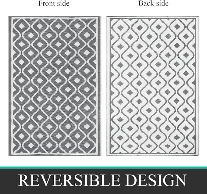 Pauwer Waterproof Outdoor Rug 6x9, Reversible Plastic Straw Patio Camping Rug, Indoor Outdoor RV Mat Carpet for Deck, Camper, Porch, Balcony, Backyard, Picnic, Geometric Grey