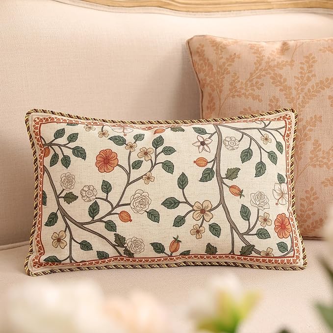 Design Linen Classic Throw Pillow Covers 12"x20" Pack of 2, French Farmhouse Rectangle Cushion Covers with Orange White Floral Pattern Decor Pillowcases for Bed,Living Room,Outdoor,Car