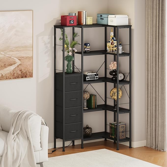 Corner Bookshelf with LED Light Strips & 4 Fabric Drawers, 5-Tier Convertible Corner Shelf with Display Shelf, Large Wood Industrial Bookcase for Living Room, Bedroom, Home Office, Black