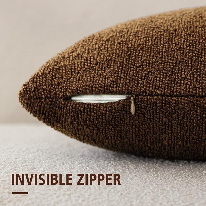 Foindtower Set of 2, Decorative Textured Boucle Throw Pillow Covers Accent Solid Pillow Cases Neutral Soft Cozy Couch Cushion Case for Chair Sofa Bedroom Living Room Home Decor 26x26 Inch Hazel Brown