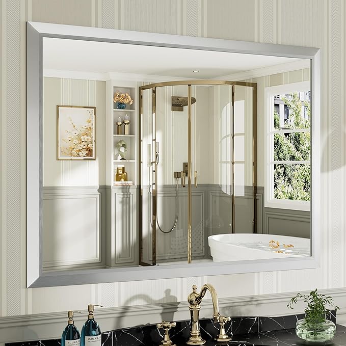 48x36 Inch Silver Bathroom Mirror for Wall, Thick Metal Framed Rectangle Mirrors for Over Sink, Bedroom, Living Room, Entryway, Anti-Rust, HD Tempered Glass