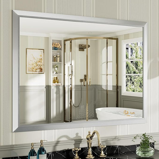 48x36 Inch Silver Bathroom Mirror for Wall, Thick Metal Framed Rectangle Mirrors for Over Sink, Bedroom, Living Room, Entryway, Anti-Rust, HD Tempered Glass
