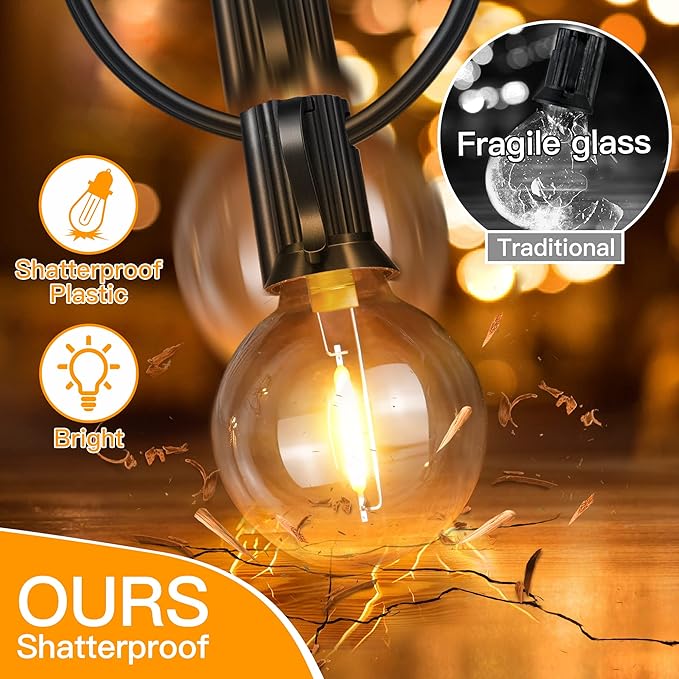 Ollny 50FT Outdoor String Lights, Waterproof Connectable Shatterproof Outside Light with 25 Edison + 2 Spare LED Bulbs Plug in, Patio Lights for Indoor Balcony Porch Camping Deck