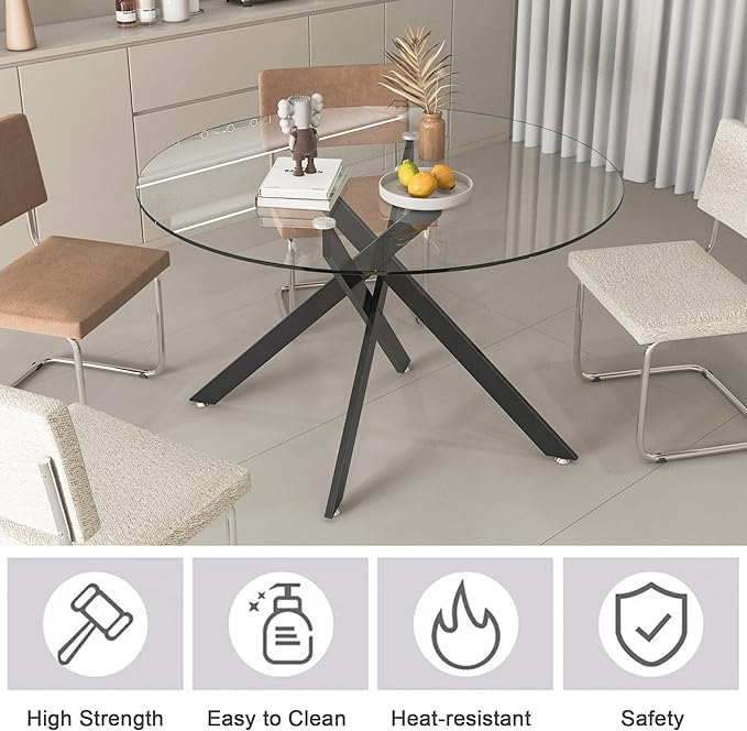 47.24" Round Glass Dining Table Modern Kitchen Glass Top Table for 6 with Black Metal Legs, Clear Dining Table Kitchen Table for Home Office Dining Room