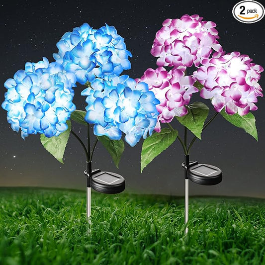 Solar Flowers Lights - Outdoor Waterproof Hydrangea Stake, Solar Flower Decor for Patio, Courtyard, Garden Lawn (Blue & Purple)