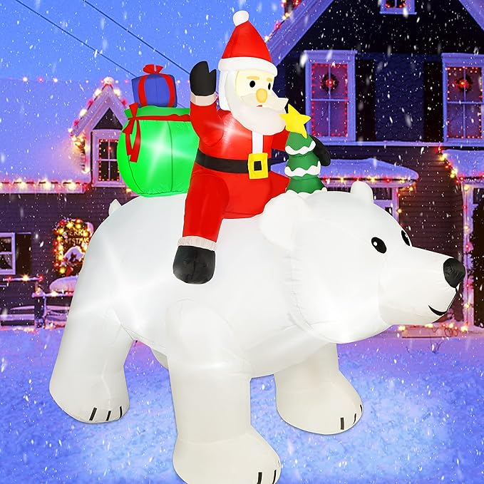 SAND MINE 6 Foot Tall Christmas Inflatable Santa Claus on Polar Bear, LED Lights Outdoor Indoor Holiday Decorations, Christmas Blow up Lawn Inflatables for Christmas Home Yard Decoration