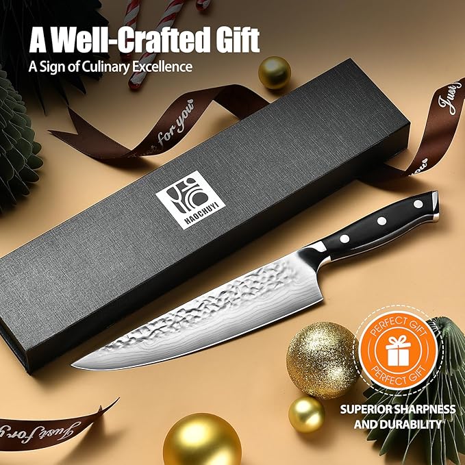 8" German Forged Chef Knife 7CR13 Steel - Triple-Rivet Black Pakkawood Handle with Extra Forging Process, Gifts for Women/Men, Birthday and Mom/Dad, Kitchen Gadgets with Premium Gift Box
