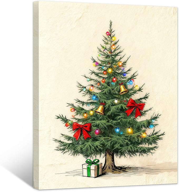 Framed Christmas Pictures Wall Decor,Vintage Pine Tree Prints,Winter Christmas Canvas Wall Art Decoration for Bedroom Bathroom Living Room Rustic Xmas Holiday Gifts (Christmas Tree 9, 16'' X 20'')