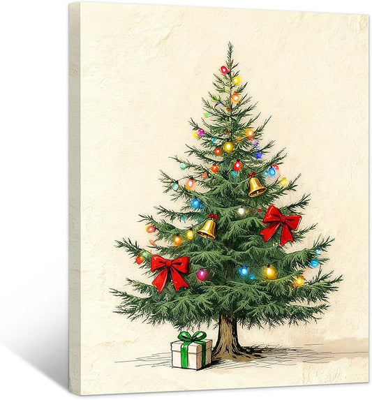 Framed Christmas Pictures Wall Decor,Vintage Pine Tree Prints,Winter Christmas Canvas Wall Art Decoration for Bedroom Bathroom Living Room Rustic Xmas Holiday Gifts (Christmas Tree 9, 20'' X 32'')