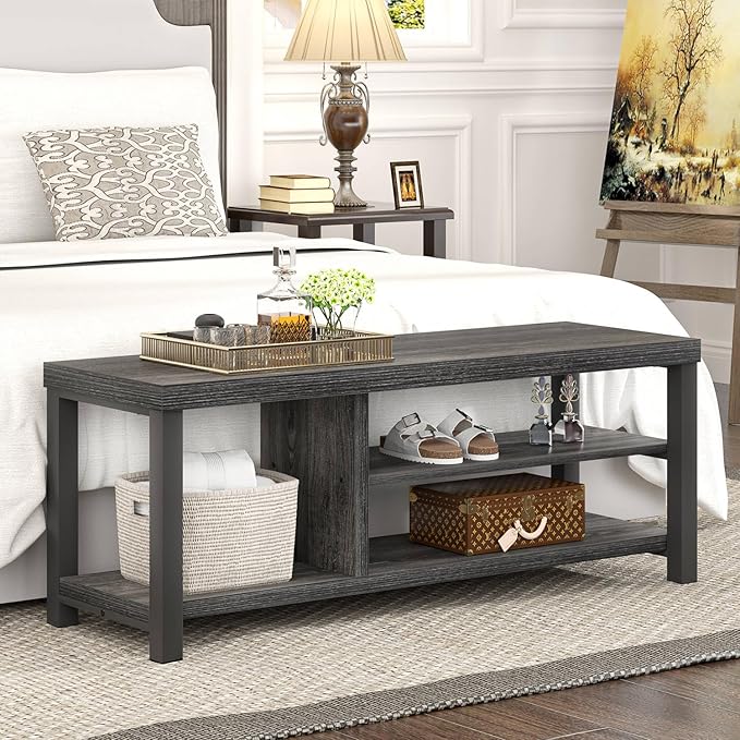 FOLUBAN Entryway Bench, Rustic Wood Shoe Storage Bench for Hallway Front Door Entrance, Industrial Indoor Bench for Bedroom Living Room, Dark Gray, 43.3 Inch