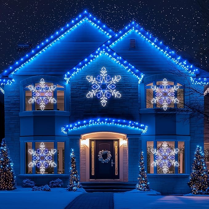 Joomer 35'' Christmas Large Snowflake Lights Decoration Waterproof Outdoor Christmas Lights Super Bright with Timer for Home Party Wall Hanging Light (White & Blue)