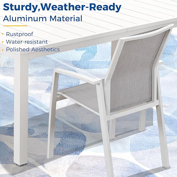 5 Piece Aluminum Outdoor Patio Dining Sets with Fully Assembled Dining Chair，91.3"L×39.4"W Expandable Patio Table and Chairs Set for 4, Stackable Chairs with Quick Drying Fabric, White