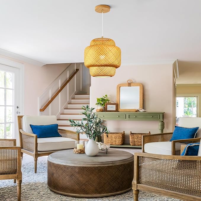 11.8inch Bamboo Pendant Light, Boho Chandelier Hand-Woven Wicker Rattan Hanging Ceiling Lighting, Rustic Farmhouse Pendant Lamp for Kitchen Island, Dining Room, Bedroom, Living Room, Foyer