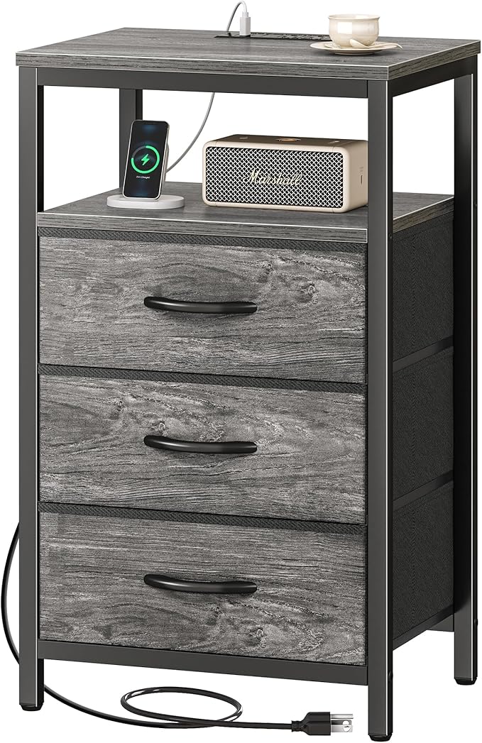 Huuger Nightstand with Charging Station, 27.6 Inch End Table Bedside Table with USB Ports and Outlets, Night Stand for Bedroom, Fabric Drawers, Grey
