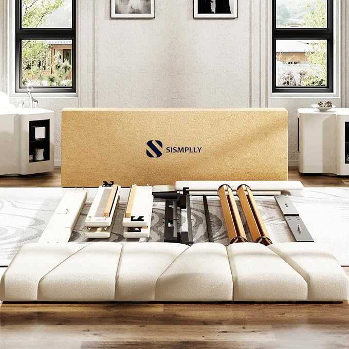 King Size Platform Bed Frame with Upholstered Headboard, Wooden Slats Support, Noise Free, No Box Spring Needed, Easy Assembly, Beige, Velvet