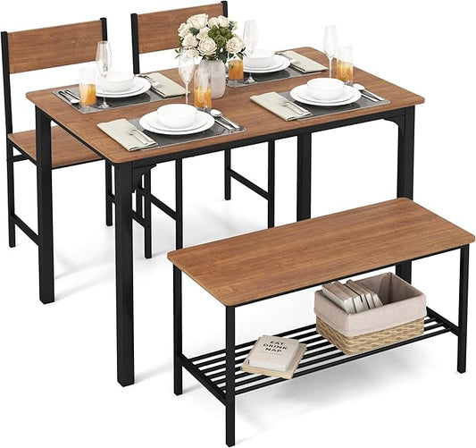 Tangkula Dining Table Set for 4, Kitchen Table and 2 Chairs for 4 with Bench, 4 Piece Dining Table Set for Small Space, Apartment