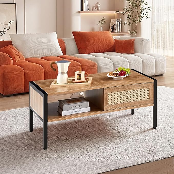 Rattan Coffee Table 40.16" Mid Century Modern Coffee Table with Storage, Farmhouse Rectangle Wooden Accent Center Sofa Table with Rattan Sliding Door for Living Room (Natural)