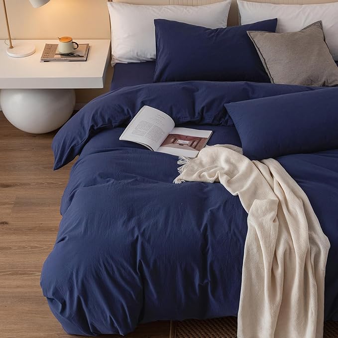 JIYUAN 100% Washed Cotton Duvet Cover Set 2 Pieces Twin, 1 Duvet Cover 68x90 Inches(Comforter Not Included) and 1 Pillowcases,Linen Feel Bedding Set Comfy and Breathable,Navy Blue