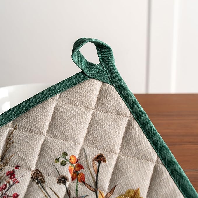 Maison d' Hermine Pot Holders 100% Cotton Heat Resistant Potholders 8" x 8" Hot Pads with Loop for Thanksgiving Christmas Decorations BBQ Cooking Baking Handling Hot Pans (Pack of 1, Recolte)