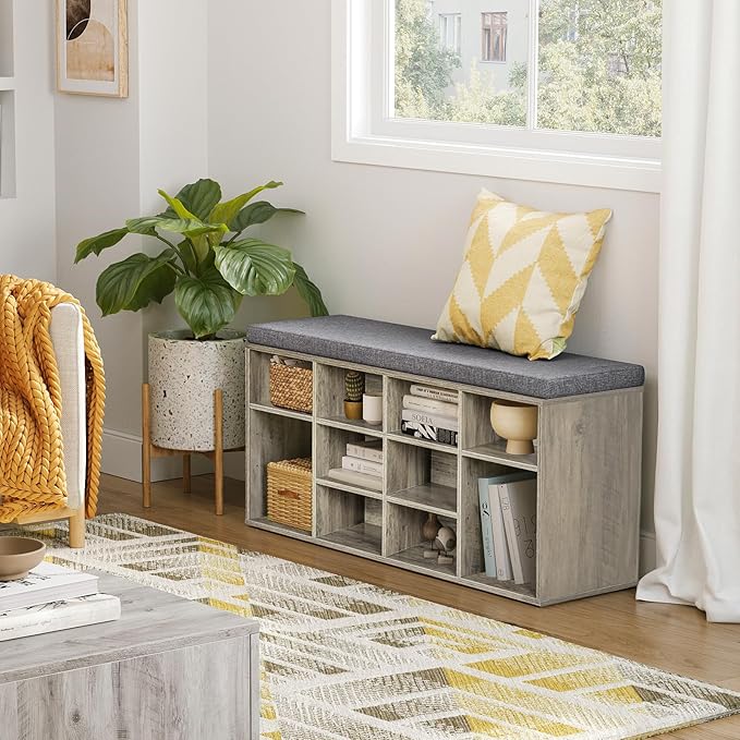DINZI LVJ Shoe Bench, 12 Cubbies Shoe Organizer for Entryway, Storage Bench with Cushion, Cubby Shoe Rack with Adjustable Shelves for Living Room, Bedroom, Mudroom, Hallway, Gray Wash