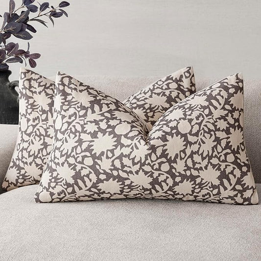 Foindtower Set of 2 Decorative Neutral Floral Throw Pillow Covers Accent Farmhouse Cushion Covers Boho Lumbar Pillowcase for Couch Sofa Bedroom Living Room Home Decor Outdoor,12×20 Inch,Rustic Gray
