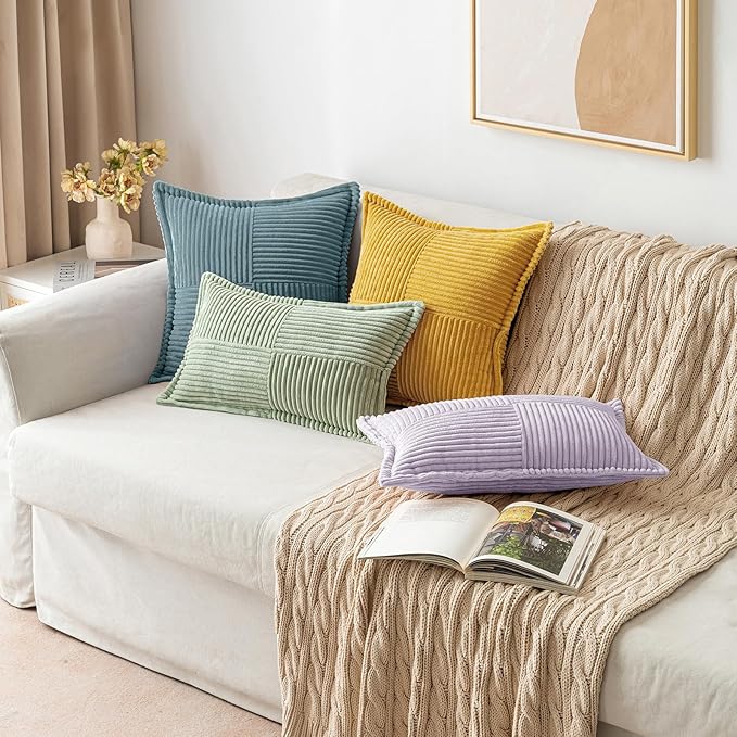 MIULEE Decorative Throw Pillow Covers for Couch Bed Livingroom 18x18 Inch Set of 2 Purple Boho Accent Throw Pllows Broadside Striped Patchwork Soft Corduroy Pillowcases