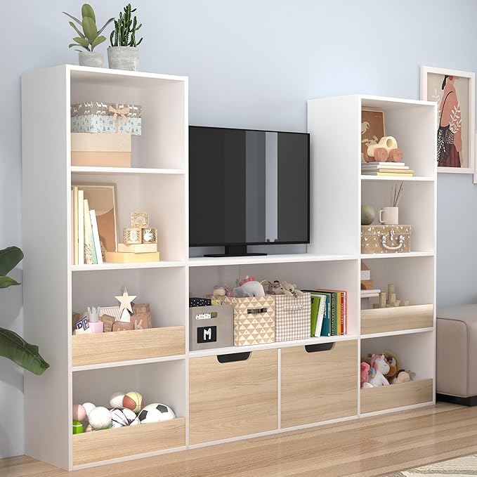 Toy Organizer and Nursery Bookshelf, 4-Tier Wooden Kids Bookcase with Storage Bins, Playroom Storage Rack for Toys and Books, Toy Storage Organizer for Playroom, Nursery, Classroom, Oak & White