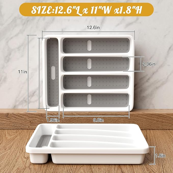 5-Slot Utensil Drawer Organizer for Silverware & Cutlery | Large Plastic Utensil Holder with Non-Slip Design, Silverware Drawer Organizer, BPA-Free (White)