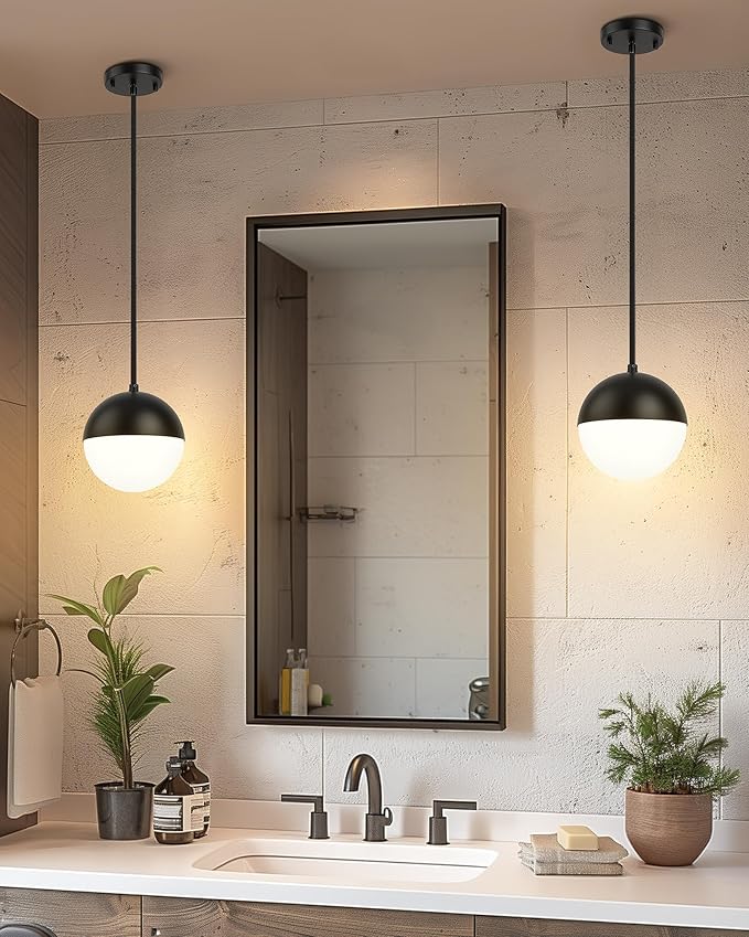 LMS Mid Century Pendant Lights, Matte Black Kitchen Island Light Fixtures with White Globe Glass Shade, Adjustable Hanging Cord, 3 Pack for Home Office Dining Room Bathroom, LMS-186PL-BKWS3PK