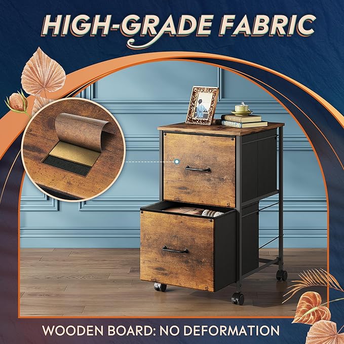 DEVAISE 2 Drawer Mobile File Cabinet, Rolling Printer Stand, Fabric Vertical Filing Cabinet fits A4 or Letter Size for Home Office, Rustic Brown Wood Grain Print