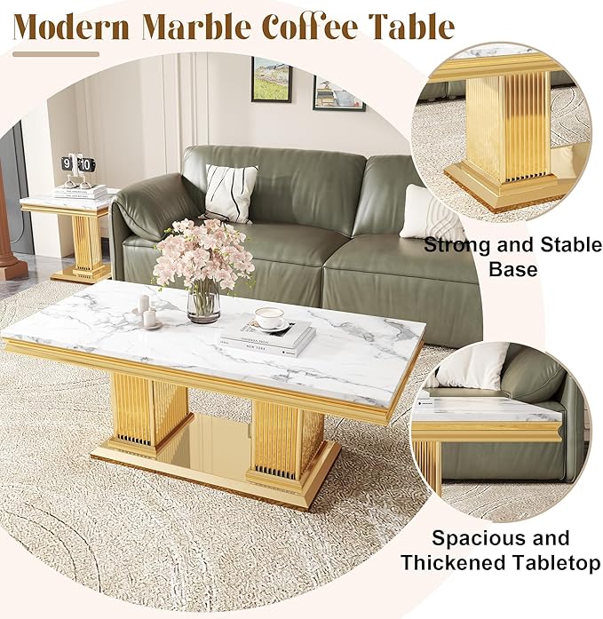 47" Marble Coffee Table, Modern White Center Table with Golden Pillar Stainless Steel Base, Rectangle Faux Marble Coffee Table for Living Room, Office