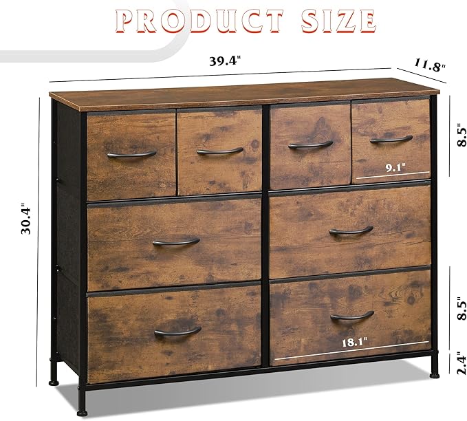 WLIVE Dresser for Bedroom with 8 Drawers, Wide Fabric Dresser for Storage and Organization, Bedroom Dressers, Chest of Drawers for Living Room, Closet, Entryway, Rustic Brown Wood Grain Print