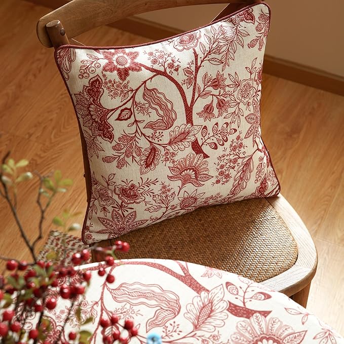 Design Linen Square Throw Pillow Covers 18"x18" Pack of 2, French Country Cushion Covers with Red Toile de Jouy Floral Pattern Decoration Pillowcases for Bed, Living Room, Outdoor, Car