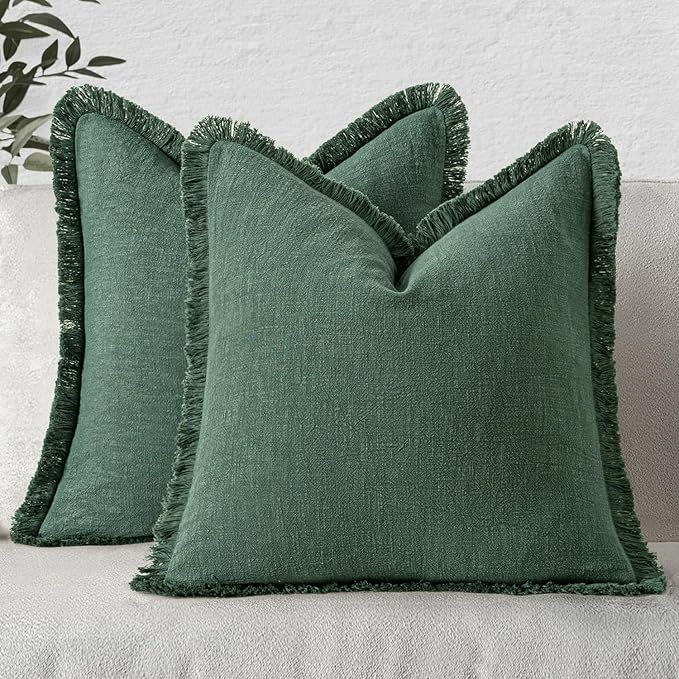 MIULEE Decorative Throw Pillow Covers Neutral Linen Fringe Throw Pillows Set of 2 Greyish Green Boho Farmhouse Cushion Covers with Tassels for Couch Sofa Bed Living Room Spring Home Decor 20x20 Inch