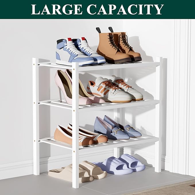 Smiry Bamboo Shoe Rack for Closet, 3 Tier Small Wooden Stackable Shoe Organizer, Free Standing Shoes Storage Shelf for Entryway, Front Door Entrance, White
