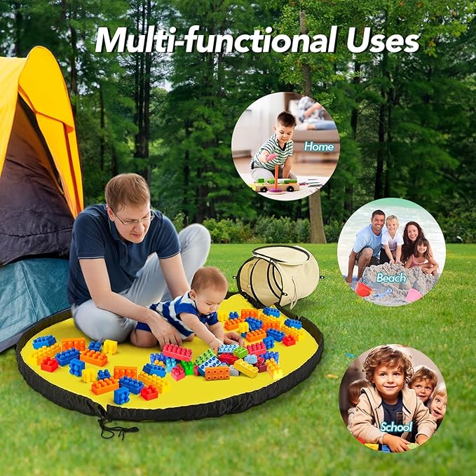 Toy Storage Basket with Slide and Large Play Mat for Boys and Girls Building Blocks Organizer, Foldable Fabric Storage Container Basket Bin Kids Toy Box with Rug for Boy Playroom Organization