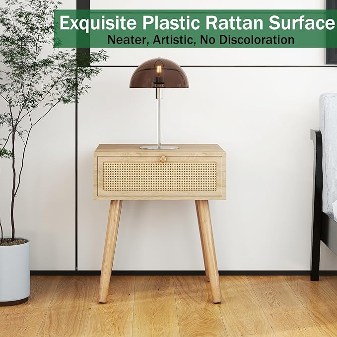 IBUYKE Hidden Compartment Nightstands, Rattan Nightstand with Wood Legs, Boho Side Table Concealment Furniture, Bedside End Table for Bedroom, Easy Assembly, Natural UWNS010N