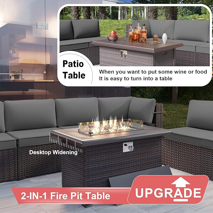 Kurapika 13 Pieces Patio Furniture Set, Rattan Wicker Outdoor Conversation Sets w/43in Propane Fire Pit Table and 4 Inch Cushion(Grey)