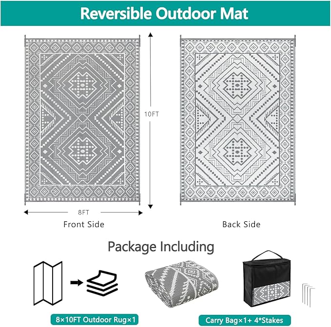 Waterproof Outdoor Rug 8x10 ft, Reversible Plastic Straw Mat, Large Floor Mat for Patio, Camping, Picnic, Backyard RV, Deck, Grey