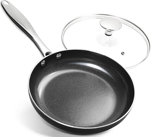 MICHELANGELO Small Frying Pan - 8 Inch Frying Pan Nonstick with Lid, Non-Toxic Ceramic Pans with Stainless Steel Handle, Nonstick Skillet, Black