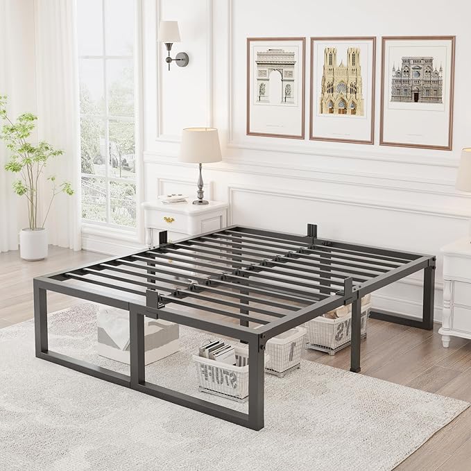 King Bed Frame, 18 Inch High 3500 lbs Metal Platform, Mattress Foundation with Steel Slat Support/No Box Spring Needed/Noise Free/Non-Slip/Easy Assembly