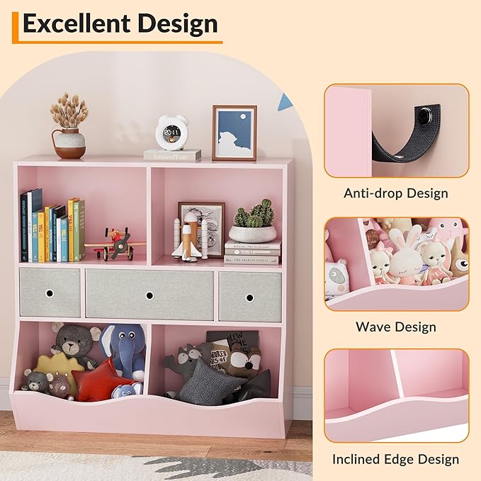 GAOMON 7-Cubby Large Kids Toy Storage Organizer, Children Wood Bookcase and Bookshelf, 3-Tier Toy Storage Cabinet with 3 Drawers for Hallway, Playroom, Living Room, School,Pink