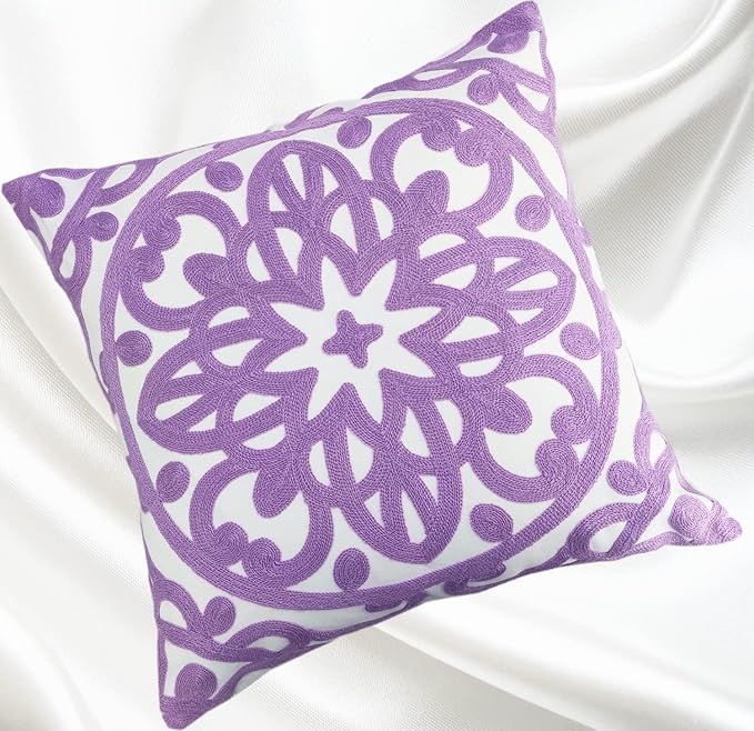 Alysheer Embroidered Decorative Throw Pillow Cover 18"x 18", Boho Mandala Modern Thick Embroidery Pattern Durable Cotton Canvas Soft Cushion Case for Sofa Couch Bed Living Room (Lilac Lavender)