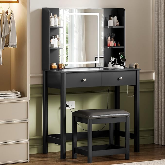 Vanity Desk with Mirror and LED Lights, Small Makeup Vanity Table Set with Drawers and Chair, Dressing Table with Power Outlet for Girls Bedroom, Black