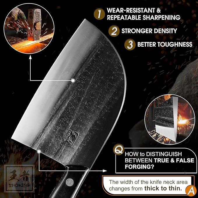 ENOKING Serbian Chef Knife 6.7 Inch, Handmade Professional Meat Cleaver Knife with Leather Sheath, High-Carbon Clad Steel Butcher Knife with Full Tang Handle for Kitchen, Camping, BBQ